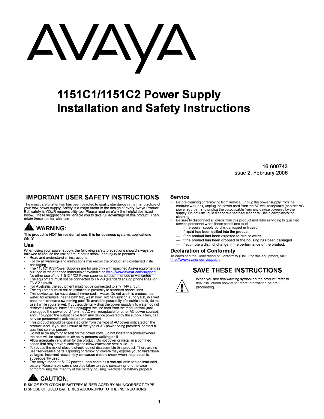 Avaya 1151C1 user service Important User Safety Instructions, Save These Instructions, Service, Declaration of Conformity 