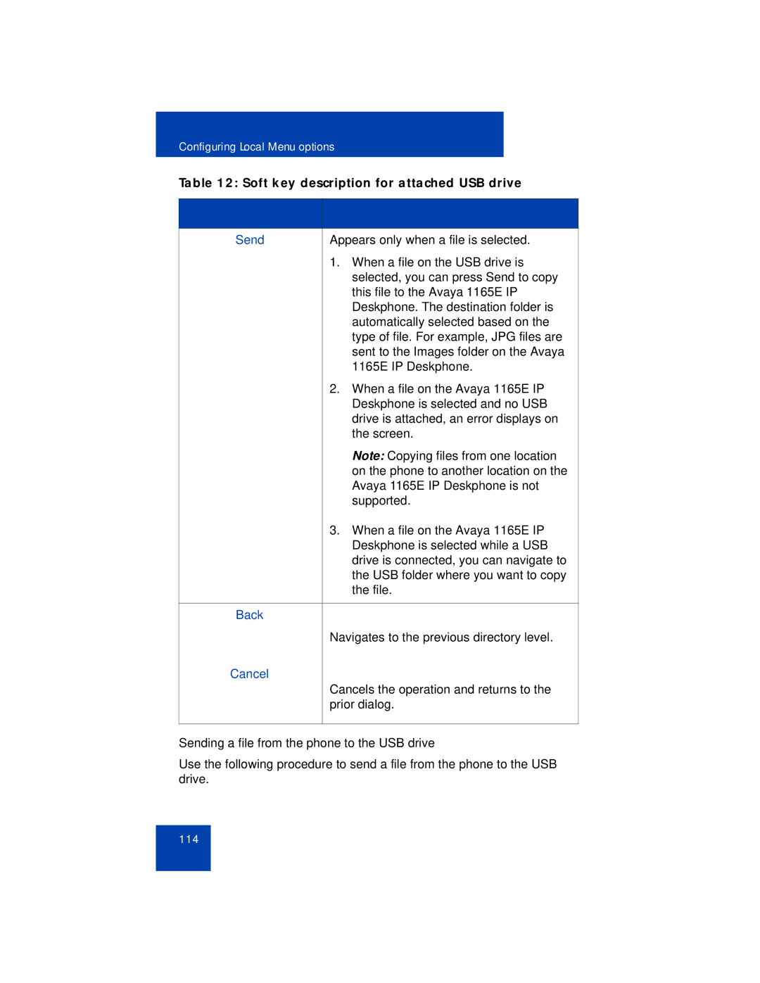 Avaya 1165E manual Back, Cancel, Sending a file from the phone to the USB drive 