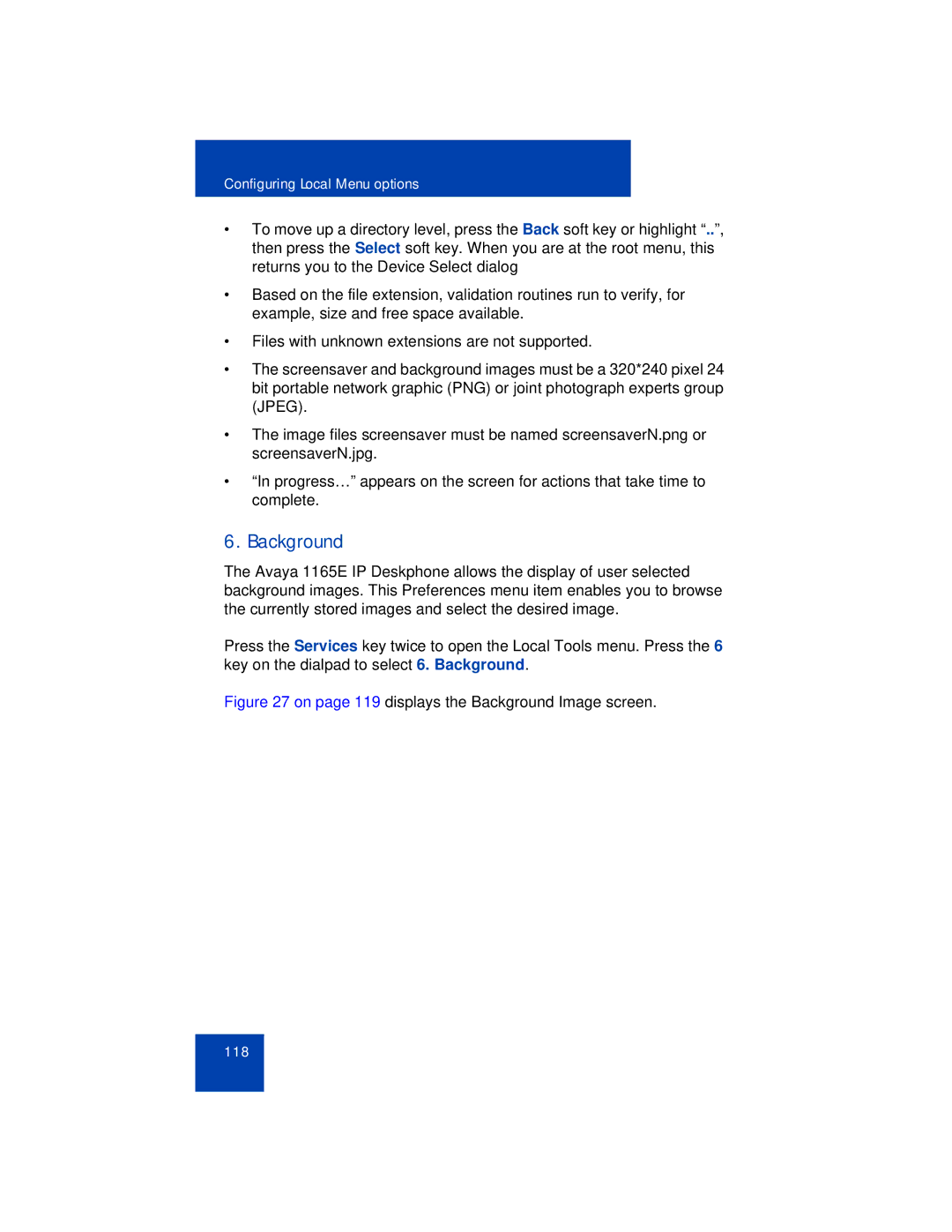 Avaya 1165E manual On page 119 displays the Background Image screen 