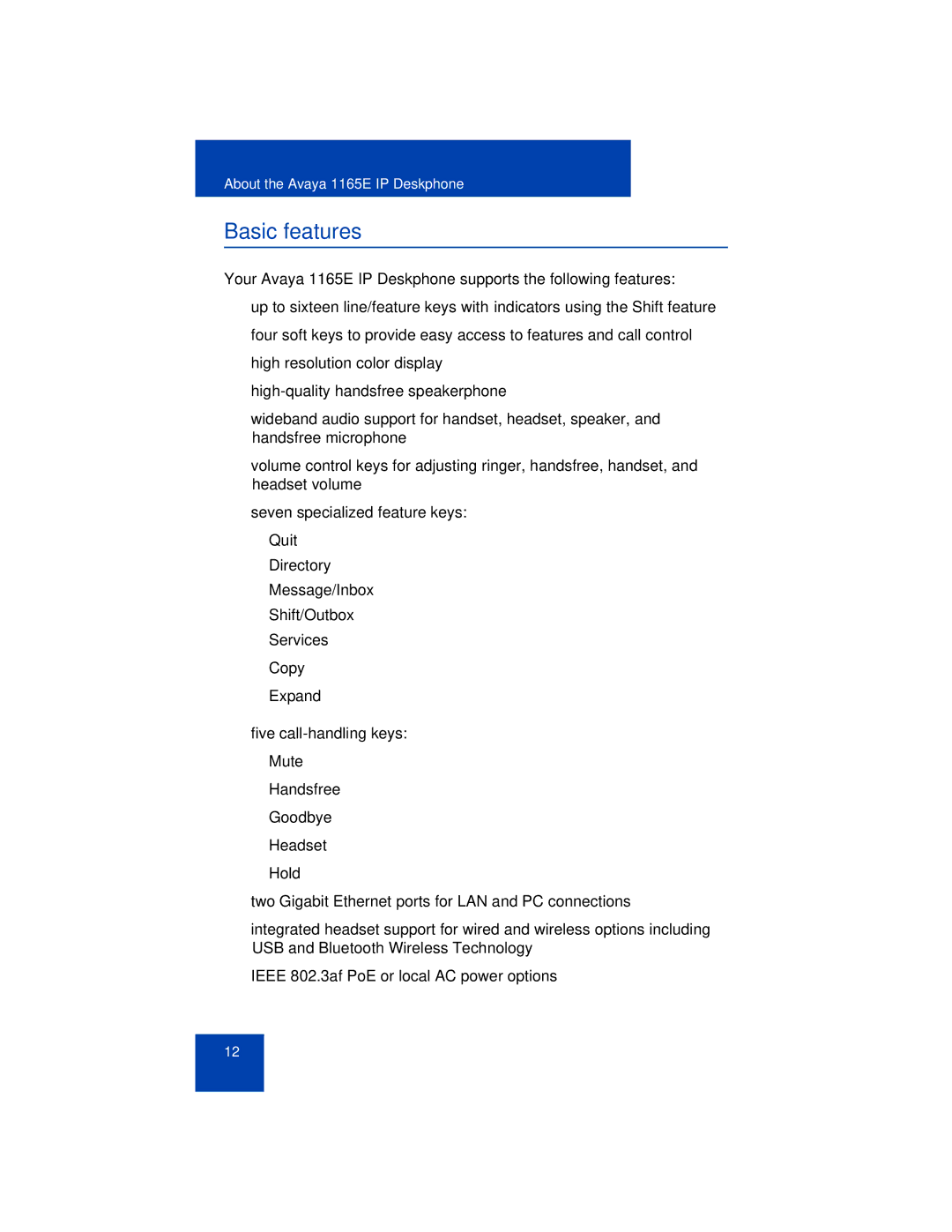 Avaya 1165E manual Basic features 