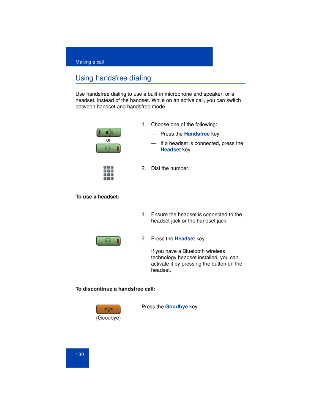 Avaya 1165E manual Using handsfree dialing, To use a headset, To discontinue a handsfree call 