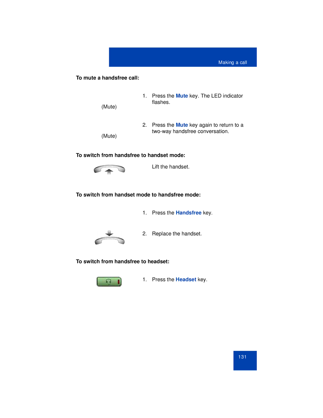 Avaya 1165E manual To mute a handsfree call, To switch from handsfree to handset mode, To switch from handsfree to headset 