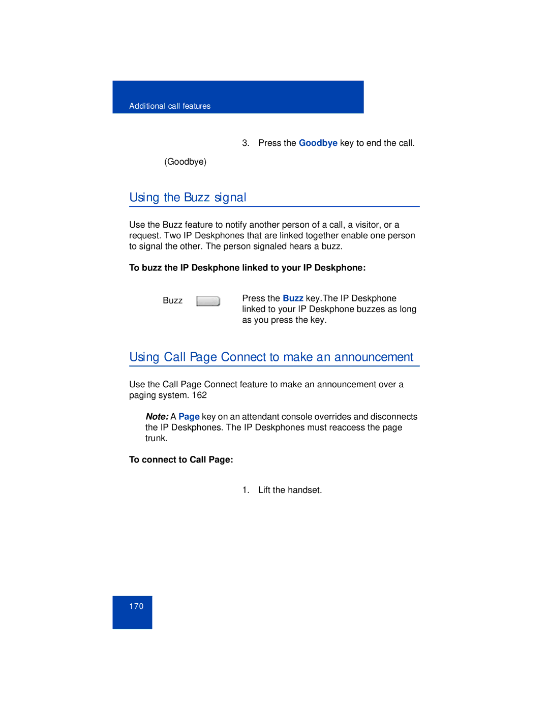 Avaya 1165E manual Using the Buzz signal, Using Call Page Connect to make an announcement, To connect to Call 