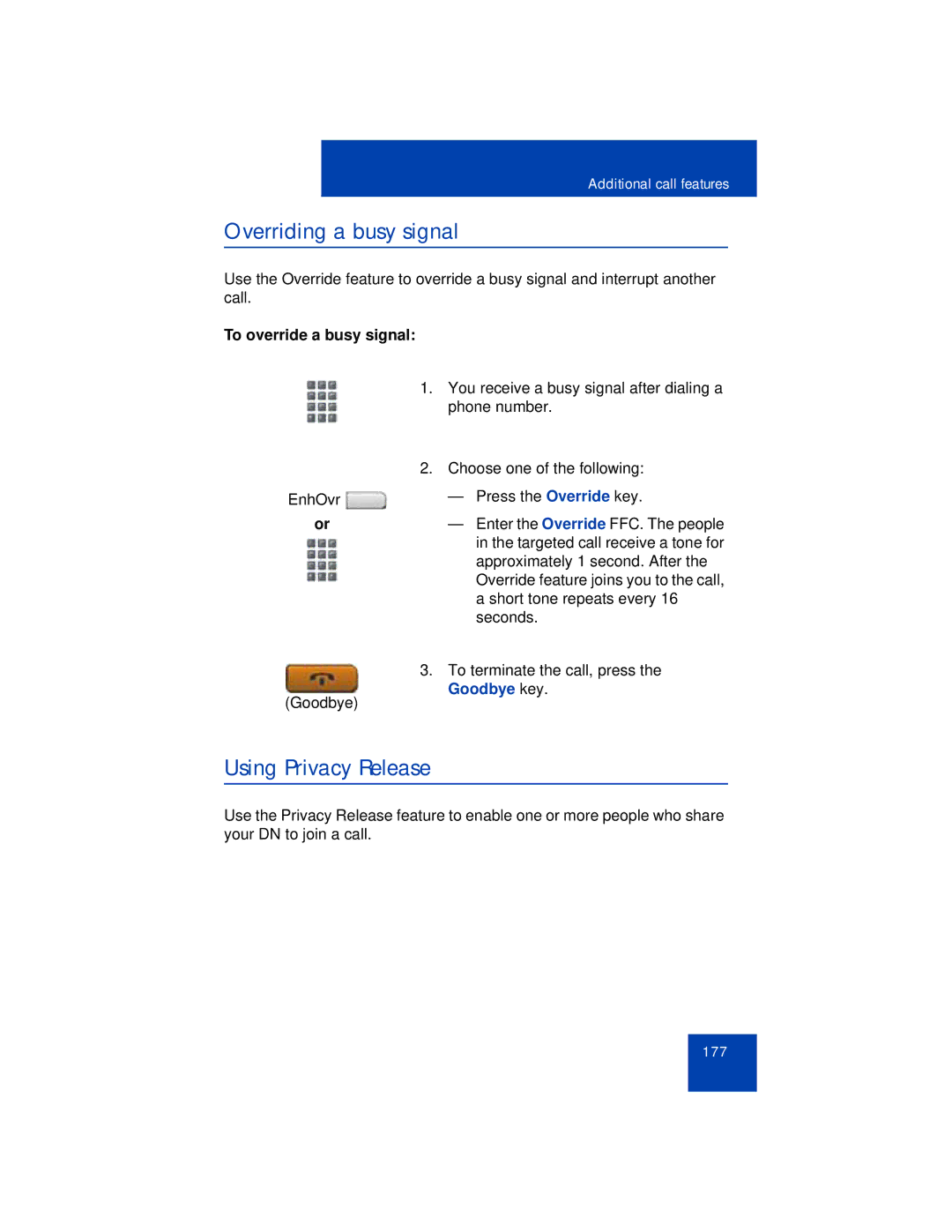 Avaya 1165E manual Overriding a busy signal, Using Privacy Release, To override a busy signal 