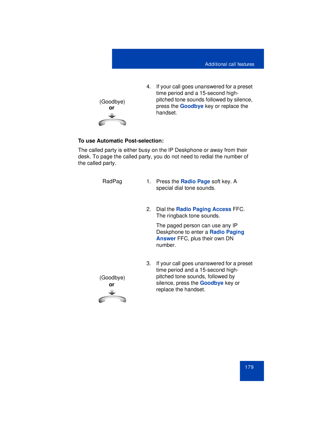 Avaya 1165E manual To use Automatic Post-selection, Dial the Radio Paging Access FFC 