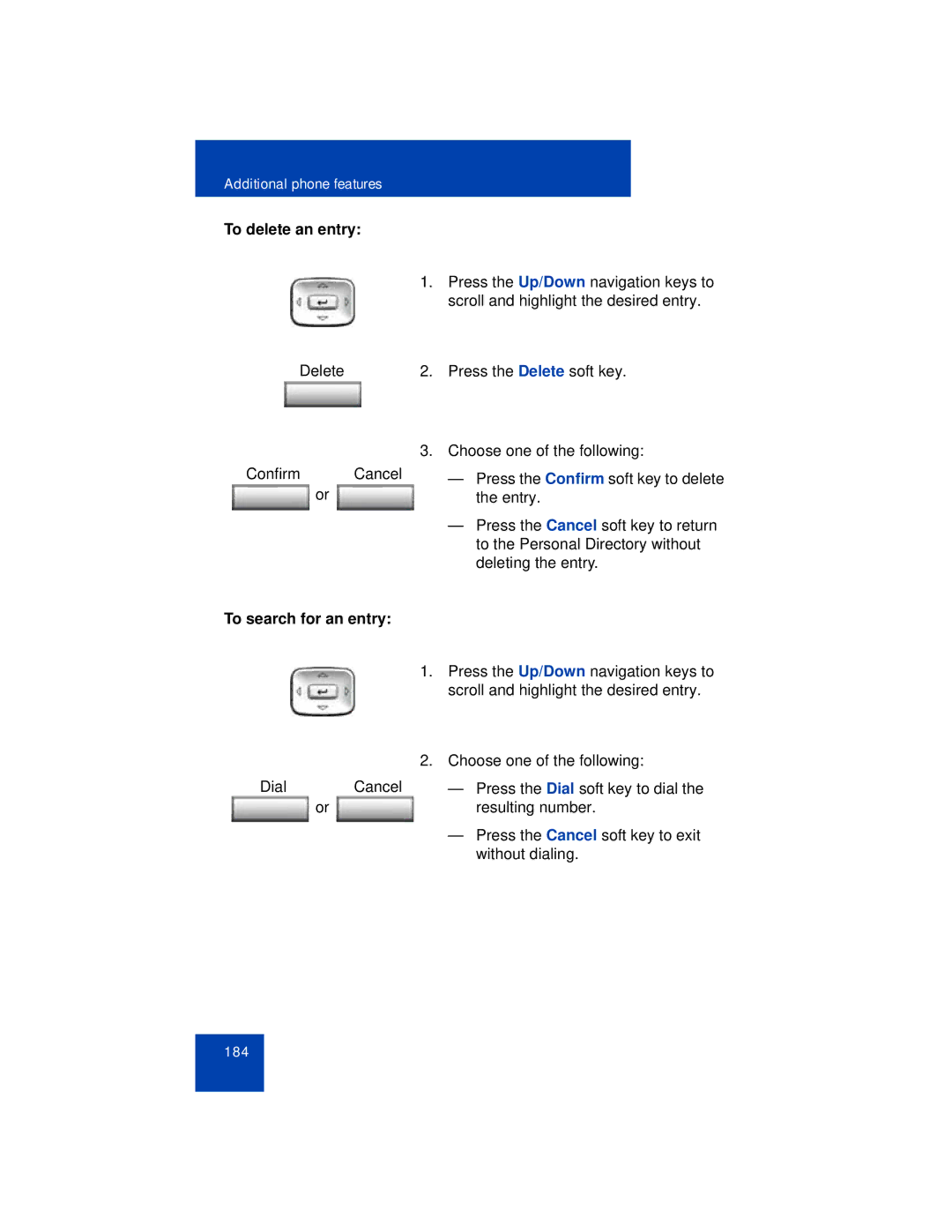 Avaya 1165E manual To delete an entry, To search for an entry 