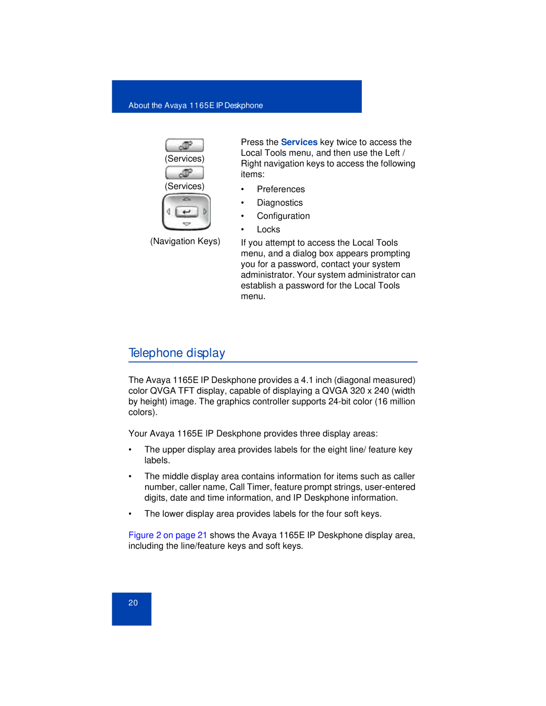 Avaya 1165E manual Telephone display 