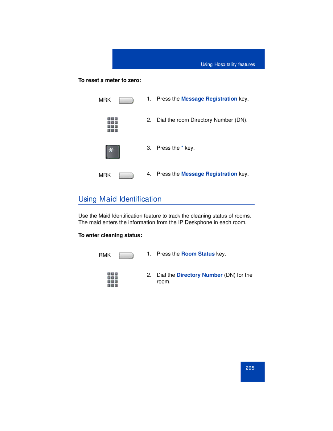 Avaya 1165E manual Using Maid Identification, To reset a meter to zero, To enter cleaning status 