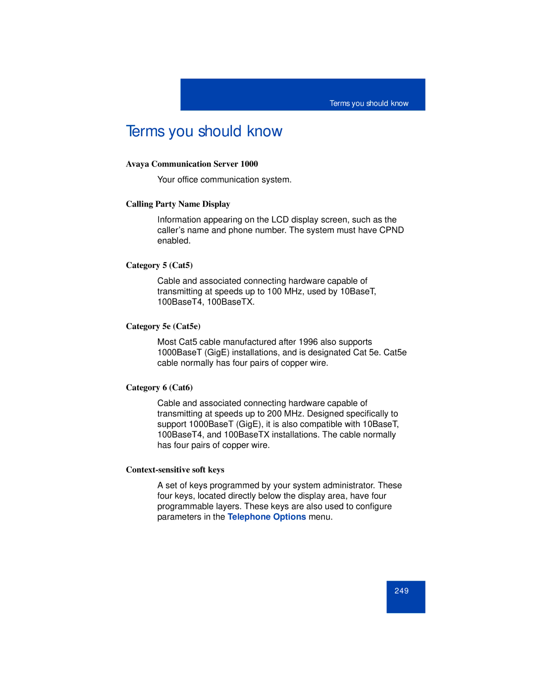 Avaya 1165E manual Terms you should know, Calling Party Name Display 