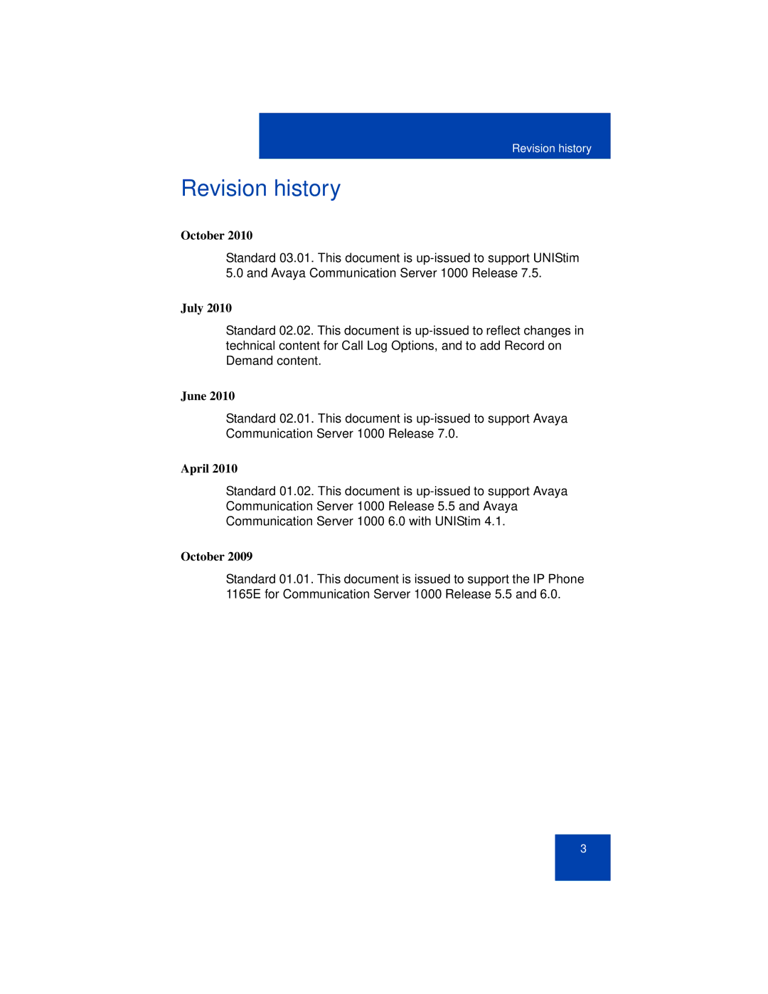 Avaya 1165E manual Revision history, October 