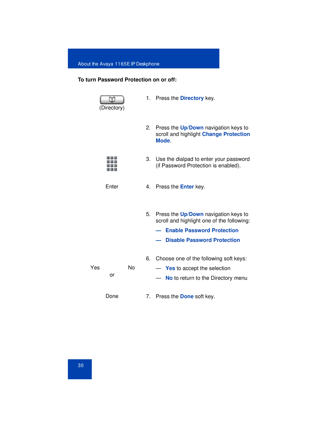 Avaya 1165E manual To turn Password Protection on or off, Mode, Enable Password Protection, Disable Password Protection 