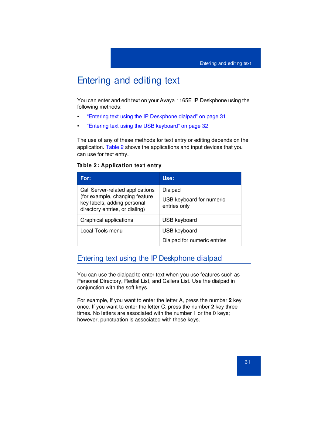 Avaya 1165E manual Entering and editing text, Entering text using the IP Deskphone dialpad, Application text entry 