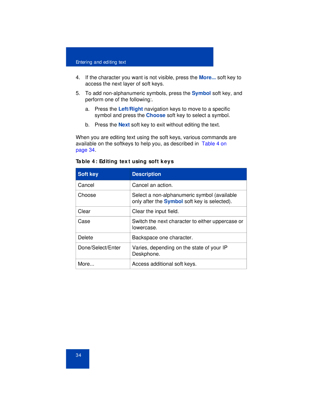 Avaya 1165E manual Editing text using soft keys, Soft key Description 