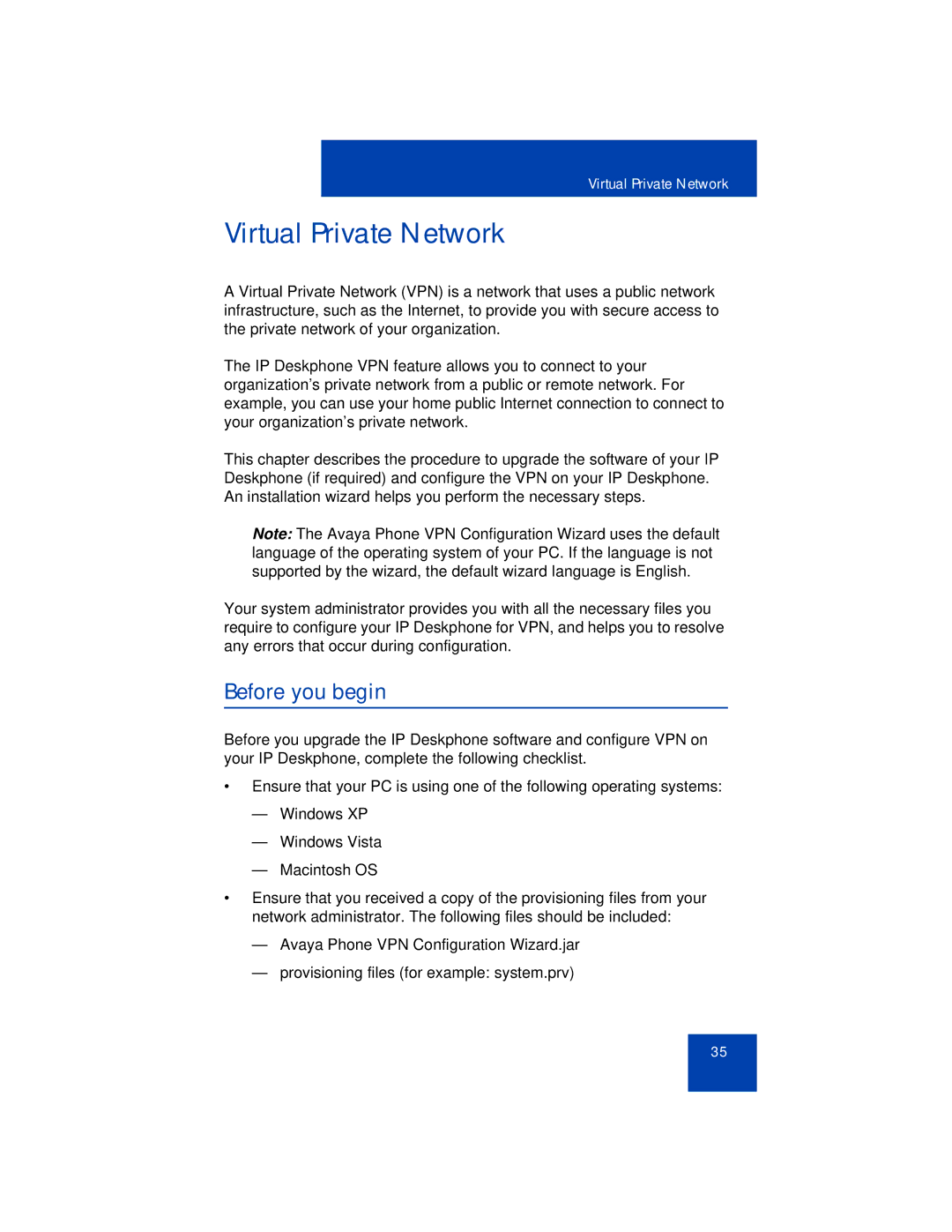 Avaya 1165E manual Virtual Private Network, Before you begin 