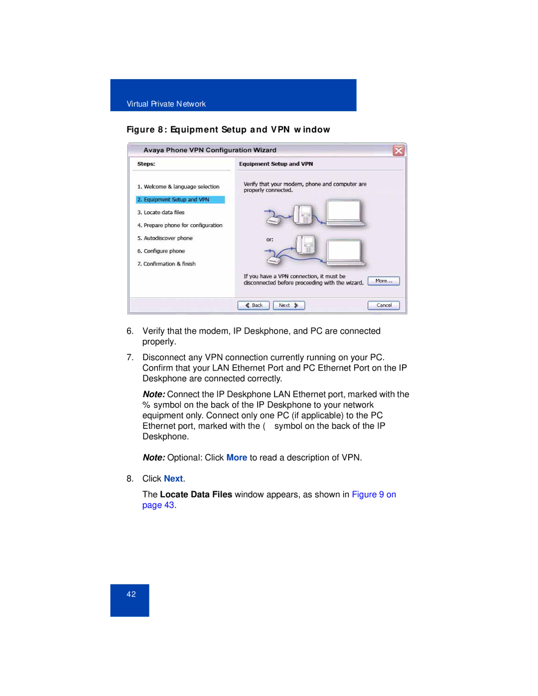 Avaya 1165E manual Equipment Setup and VPN window 