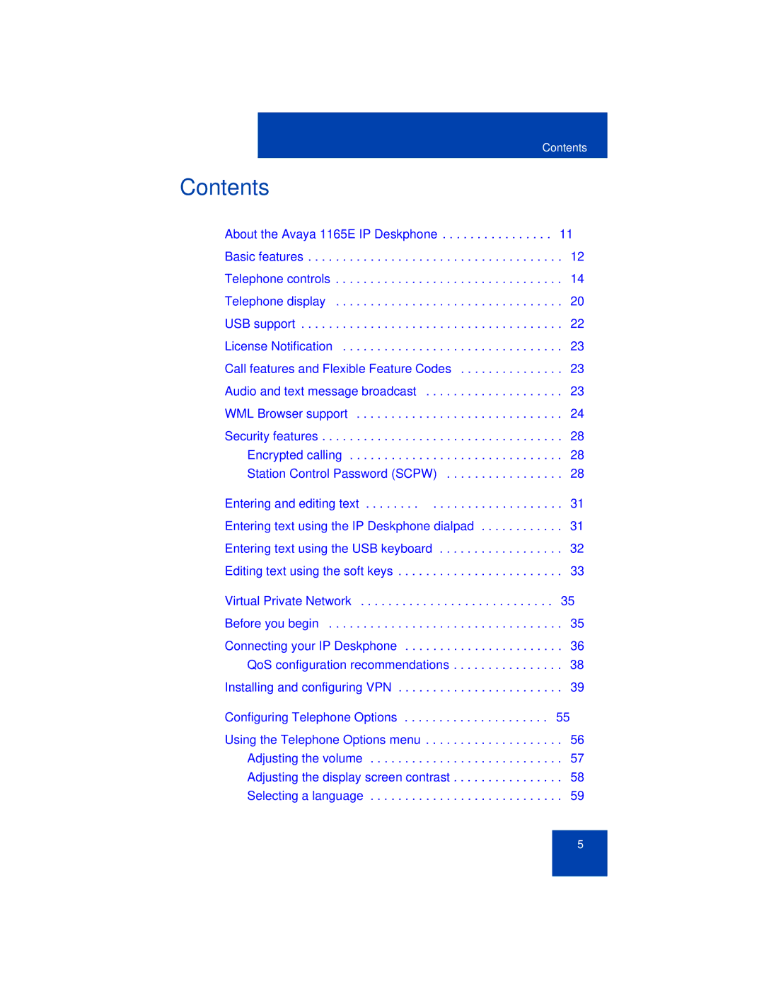 Avaya 1165E manual Contents 