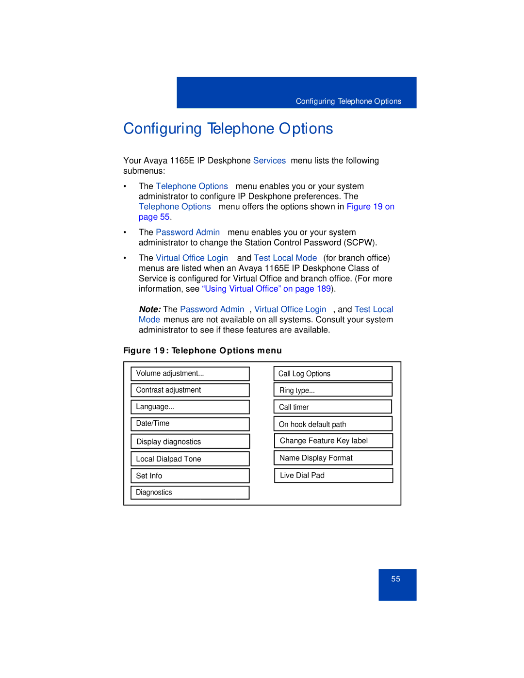 Avaya 1165E manual Configuring Telephone Options, Telephone Options menu 