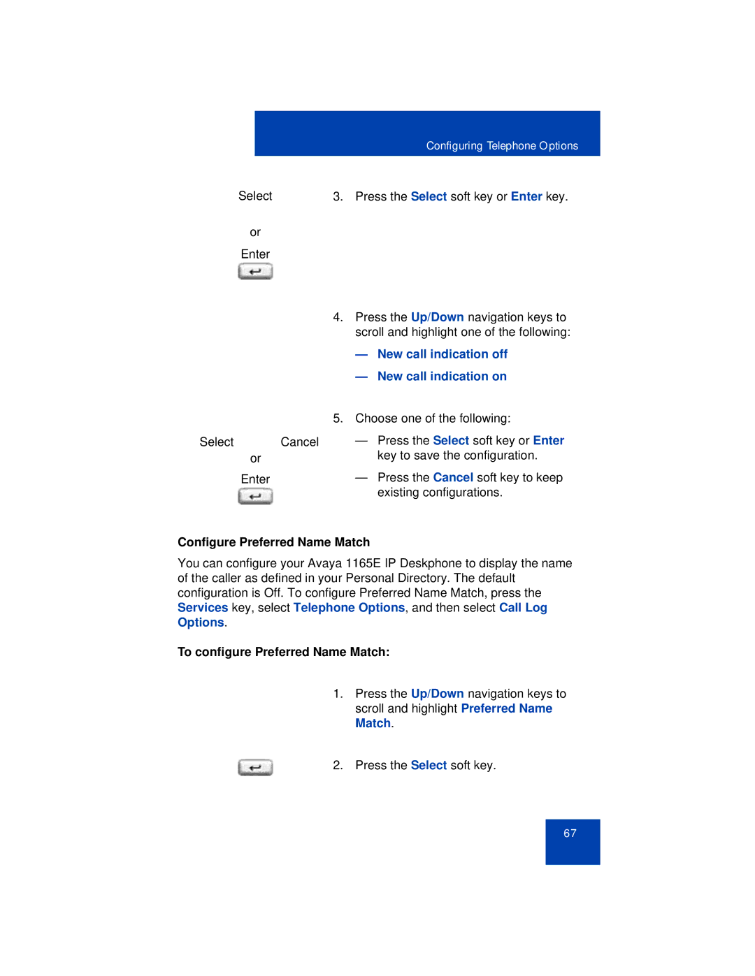 Avaya 1165E manual New call indication off, New call indication on, Configure Preferred Name Match 