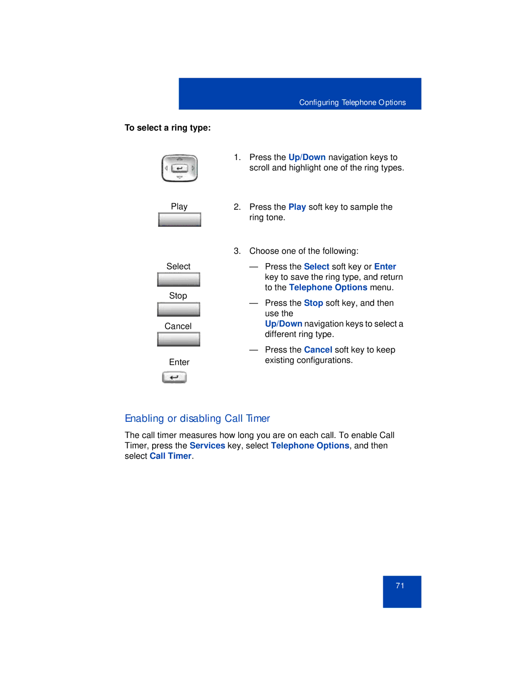 Avaya 1165E manual Enabling or disabling Call Timer, To select a ring type, To the Telephone Options menu 