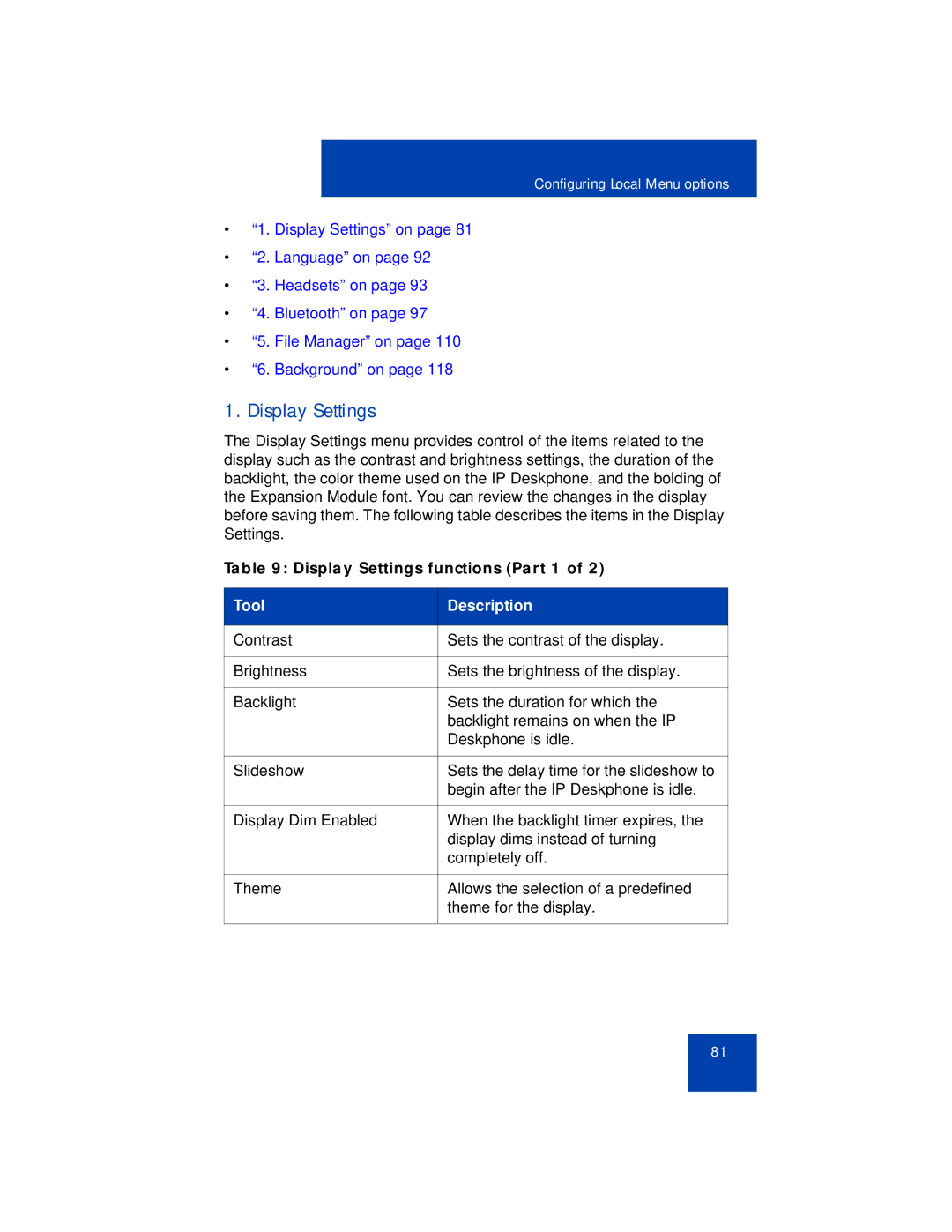 Avaya 1165E manual Display Settings functions Part 1 