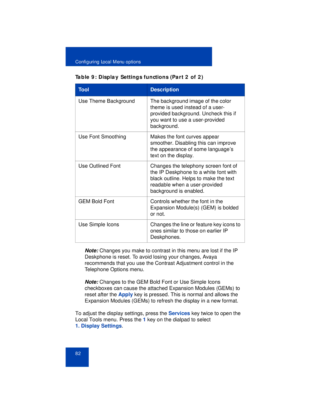 Avaya 1165E manual Display Settings functions Part 2 