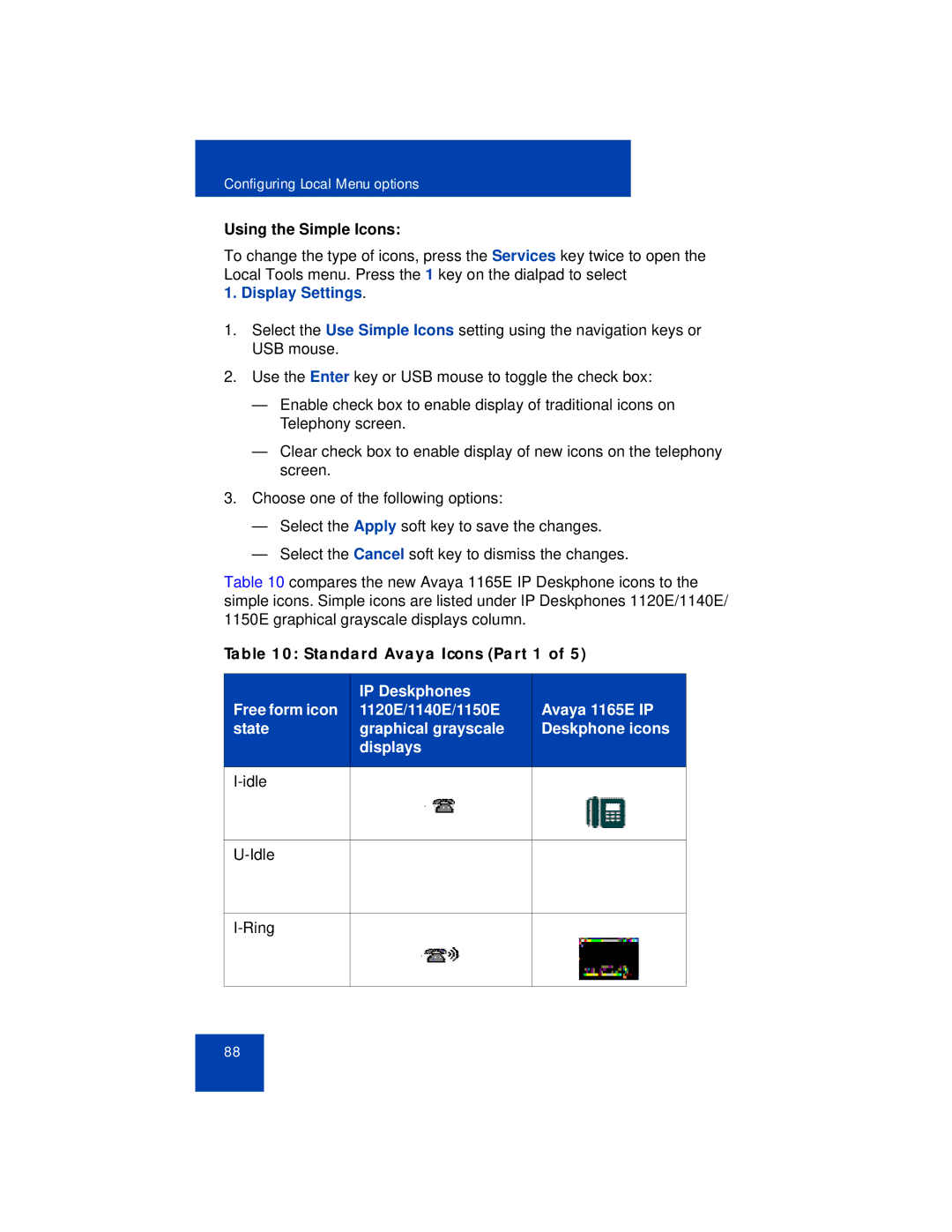 Avaya 1165E manual Using the Simple Icons, Standard Avaya Icons Part 1 