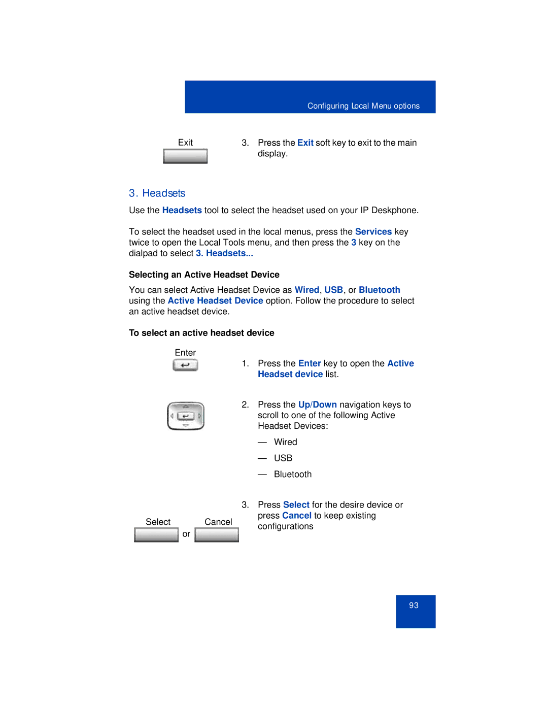 Avaya 1165E manual Headsets, Selecting an Active Headset Device, To select an active headset device, Headset device list 