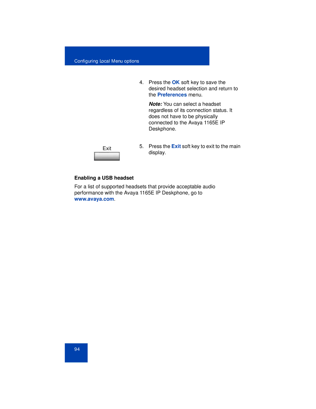 Avaya 1165E manual Enabling a USB headset 