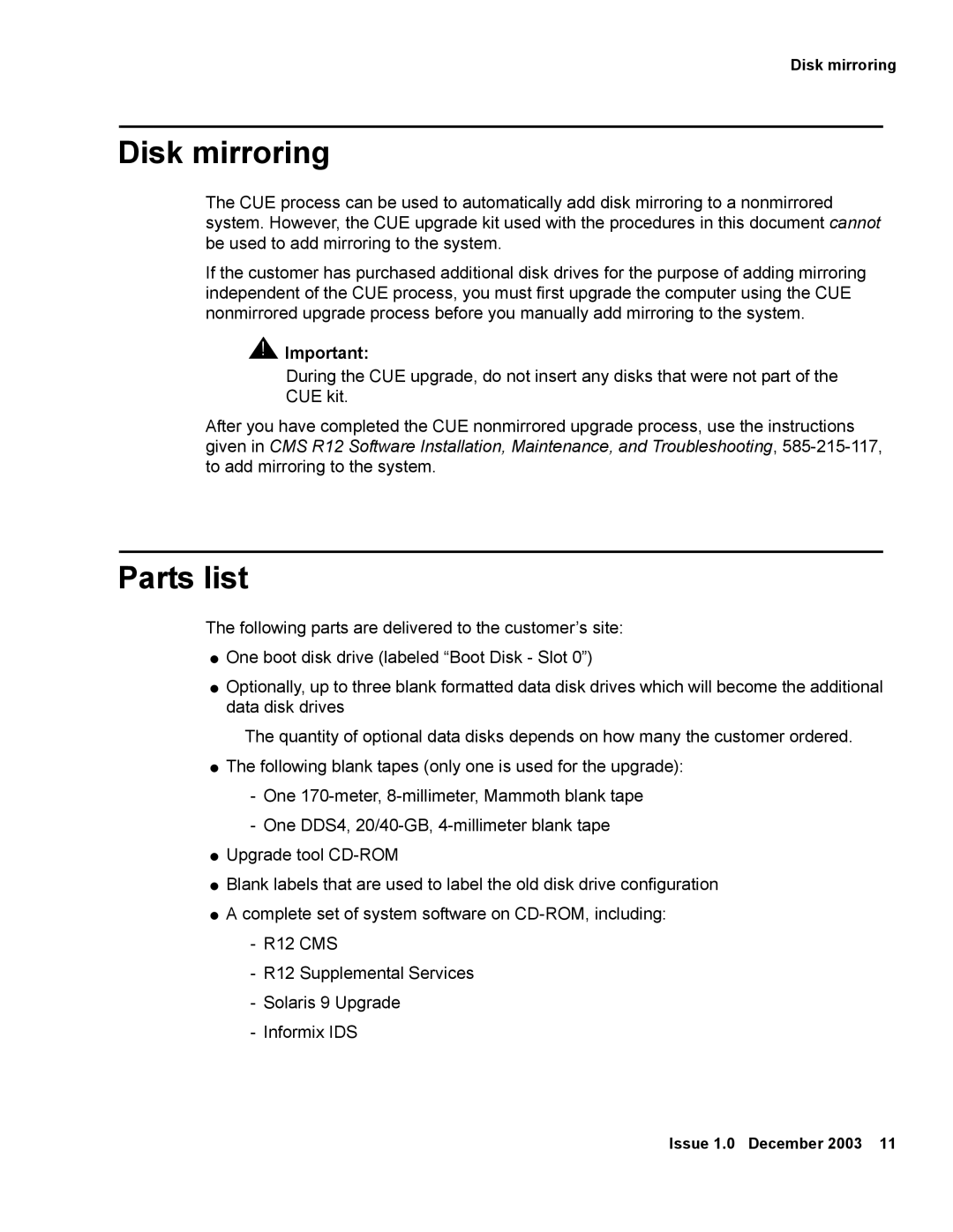 Avaya 12 manual Disk mirroring, Parts list 