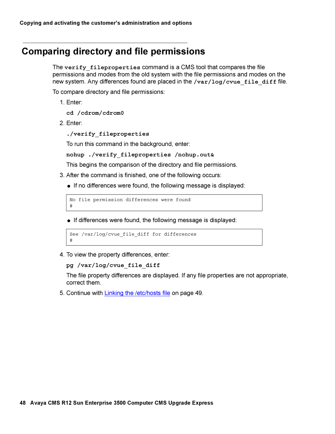 Avaya 12 manual Comparing directory and file permissions, Cd /cdrom/cdrom0, Verifyfileproperties 