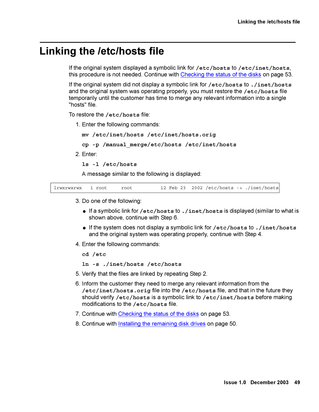 Avaya 12 manual Linking the /etc/hosts file, Ln -s ./inet/hosts /etc/hosts 