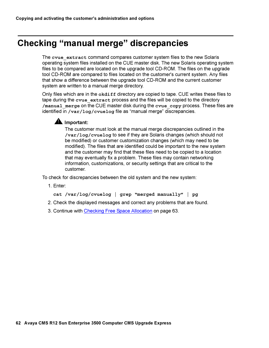 Avaya 12 Checking manual merge discrepancies, Cat /var/log/cvuelog grep merged manually pg 