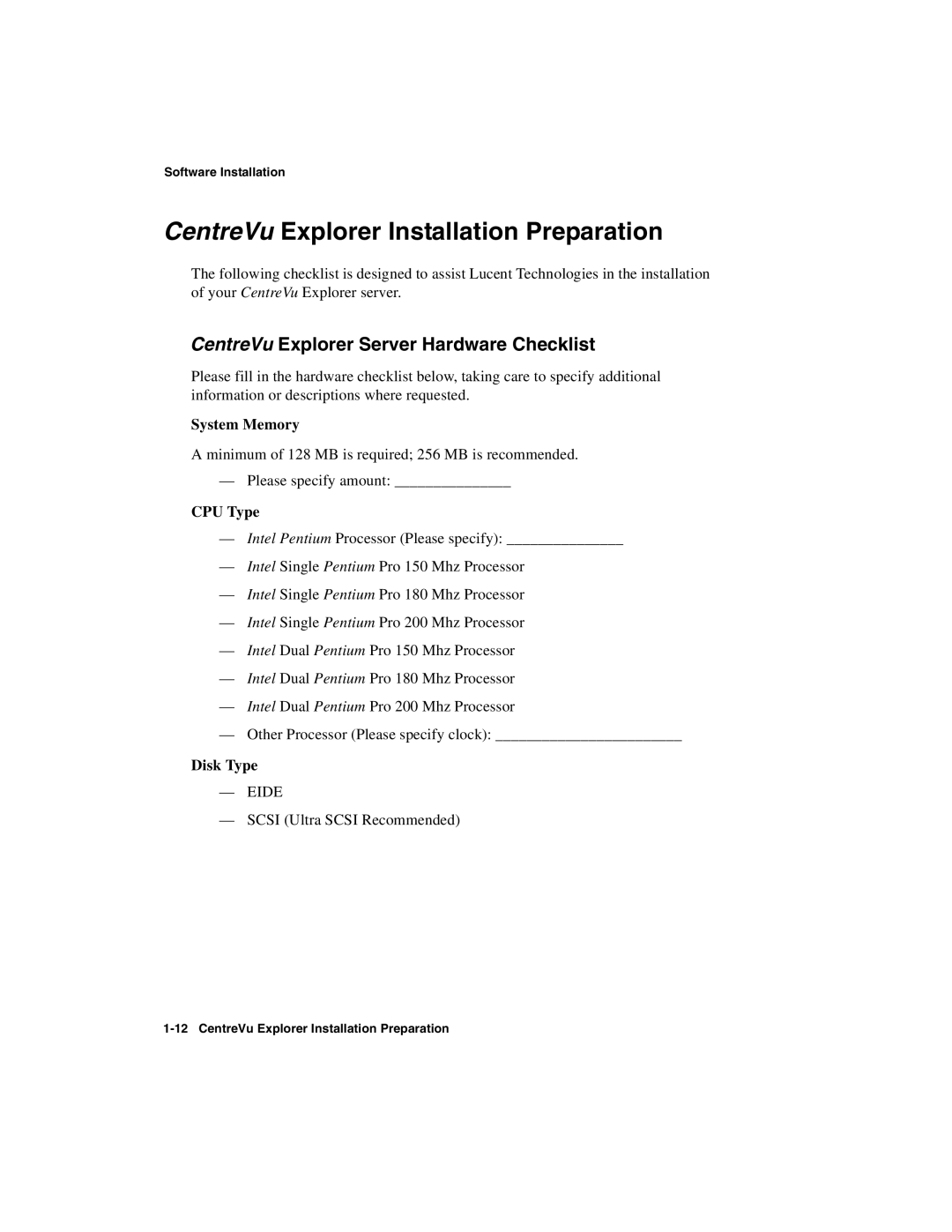 Avaya 1.2 manual CentreVu Explorer Installation Preparation, CentreVu Explorer Server Hardware Checklist 