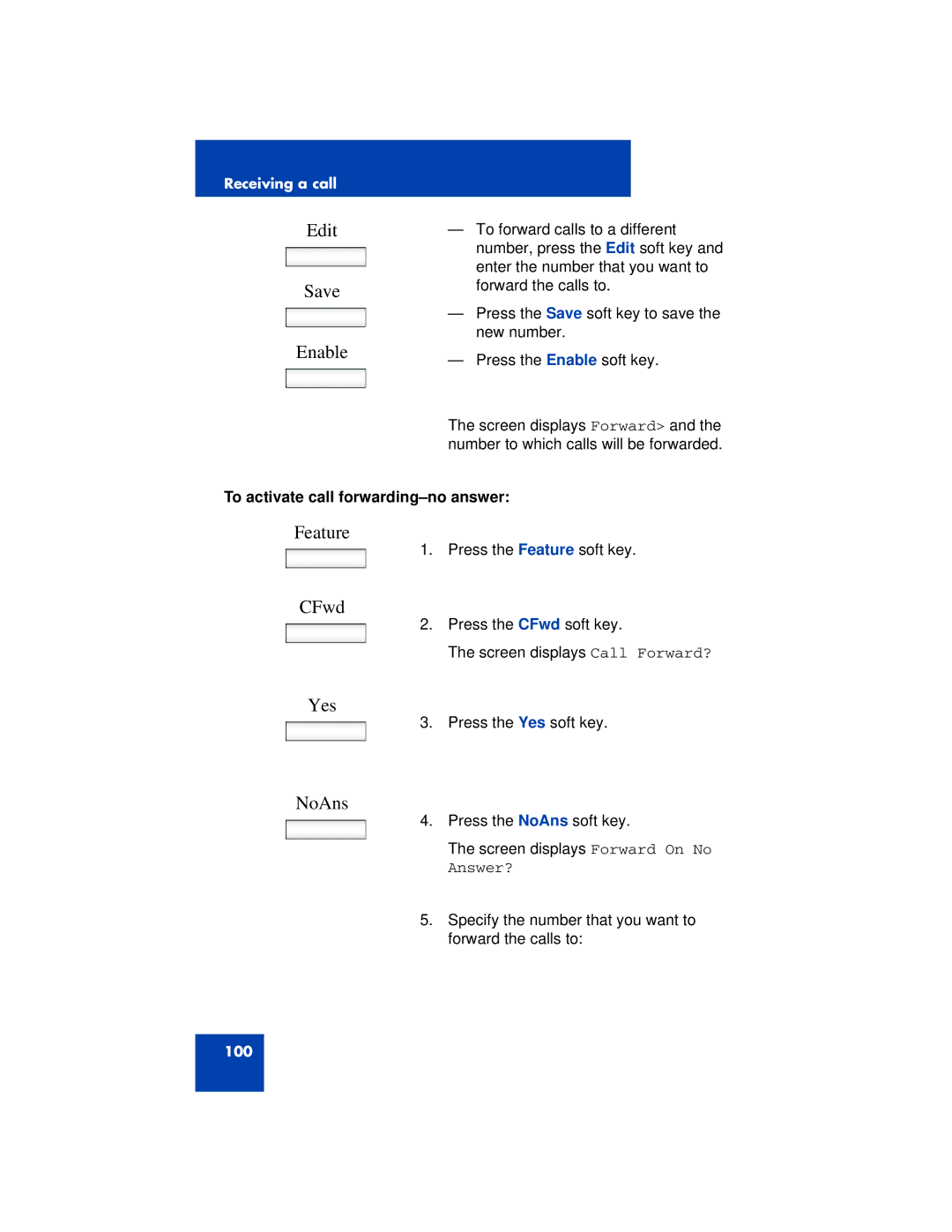 Avaya 1200 manual Edit Save, NoAns, To activate call forwarding-no answer 