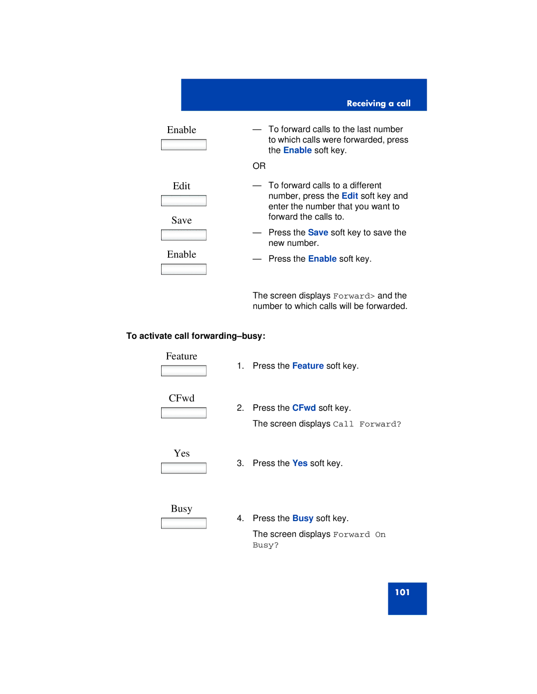 Avaya 1200 manual Edit, Busy, To activate call forwarding-busy 