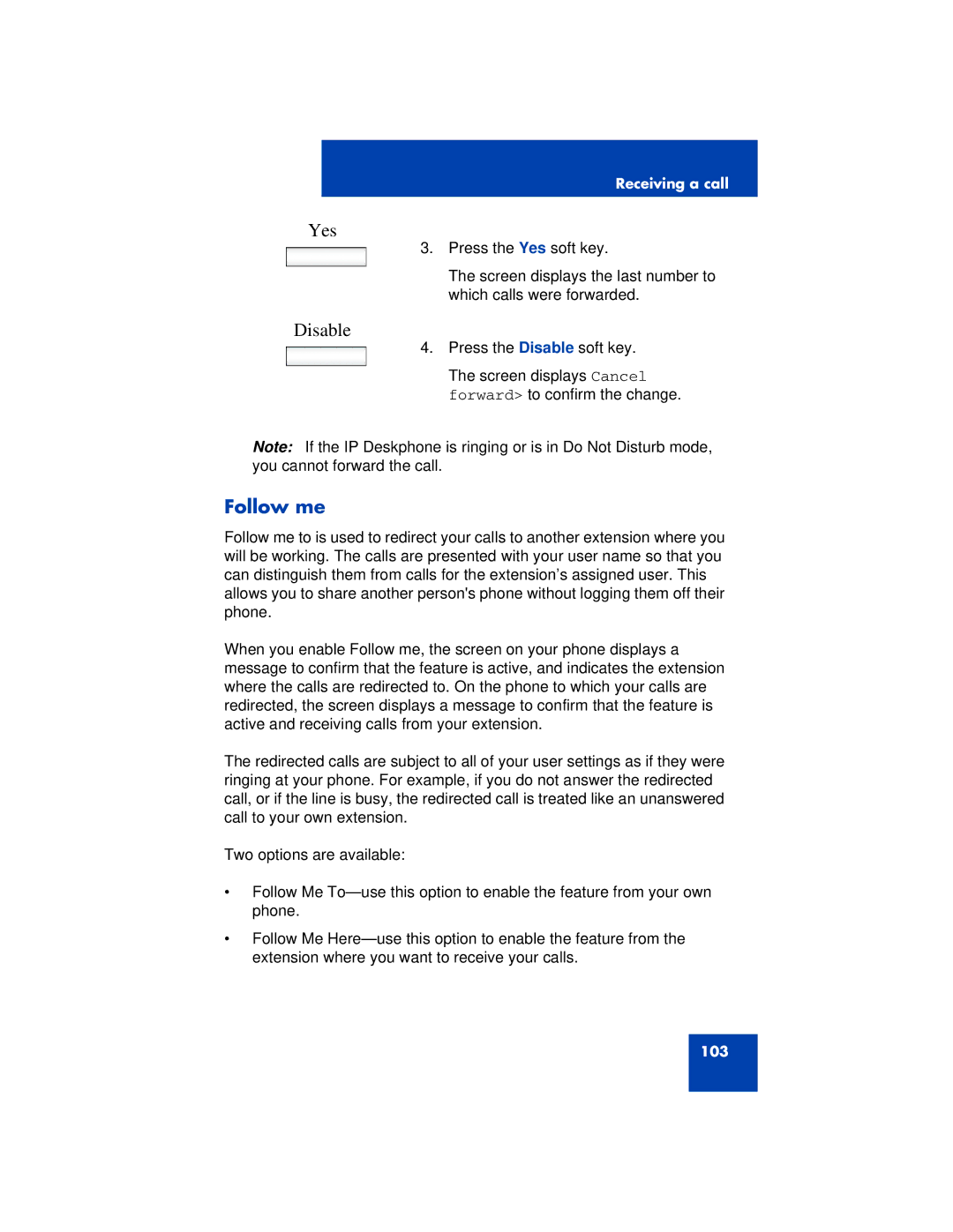 Avaya 1200 manual Disable, Follow me 