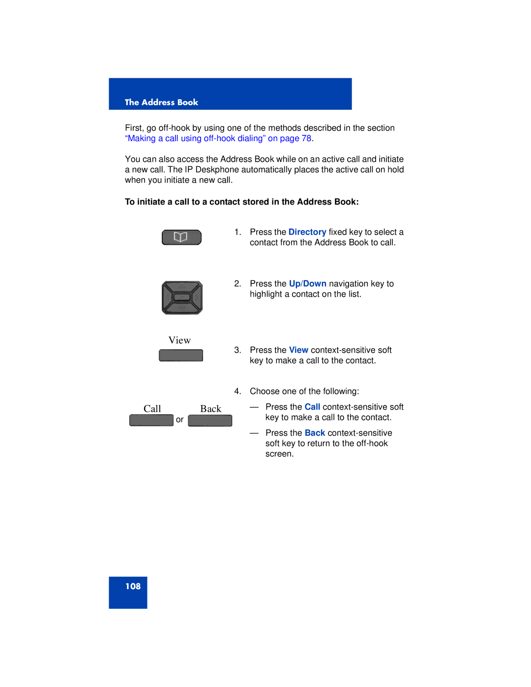 Avaya 1200 manual View, Call Back, To initiate a call to a contact stored in the Address Book 