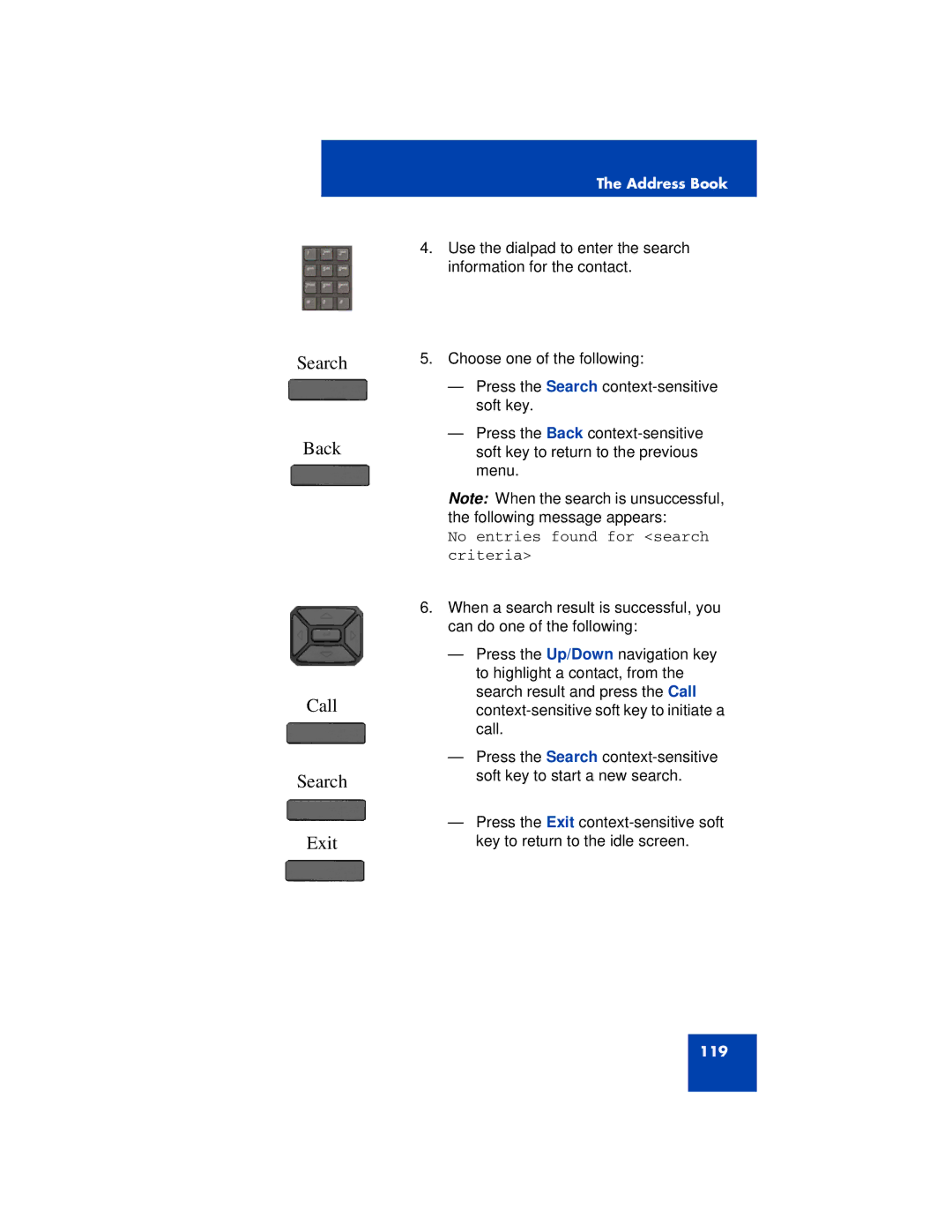 Avaya 1200 manual Search Back Call Exit, No entries found for search criteria 