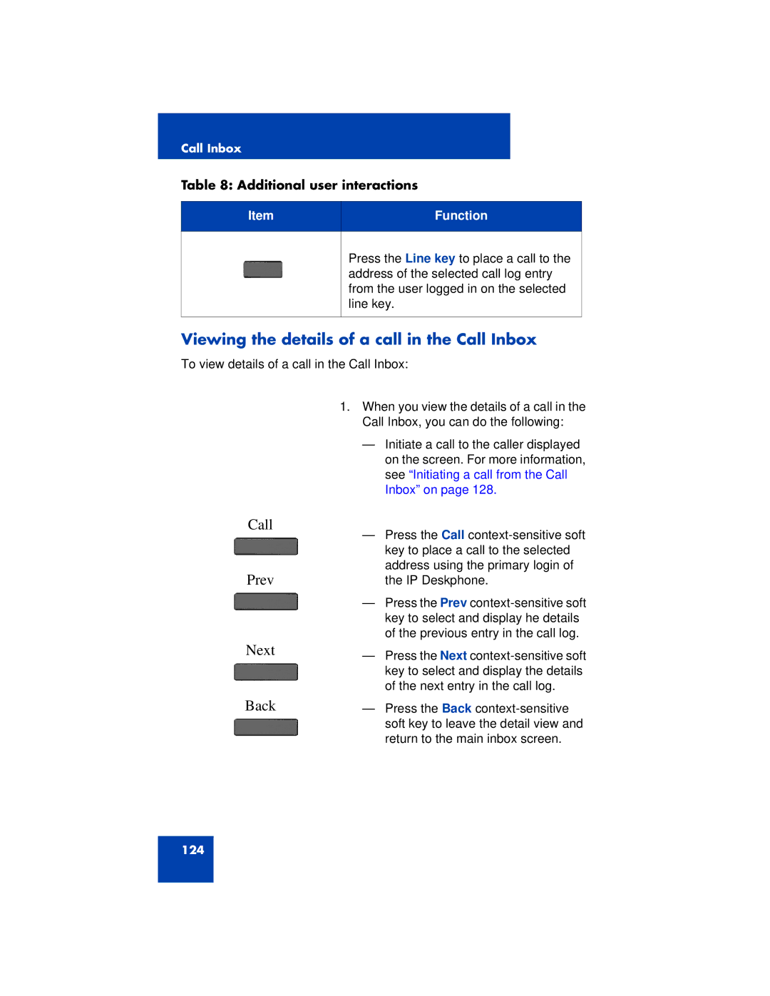 Avaya 1200 manual Viewing the details of a call in the Call Inbox, Call Prev, Next Back 