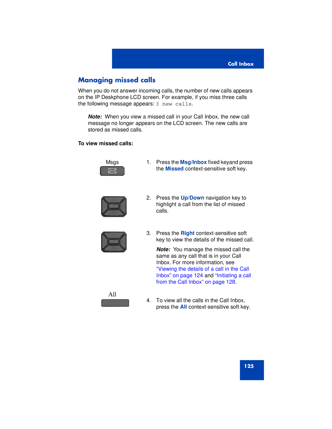 Avaya 1200 manual Managing missed calls, To view missed calls 