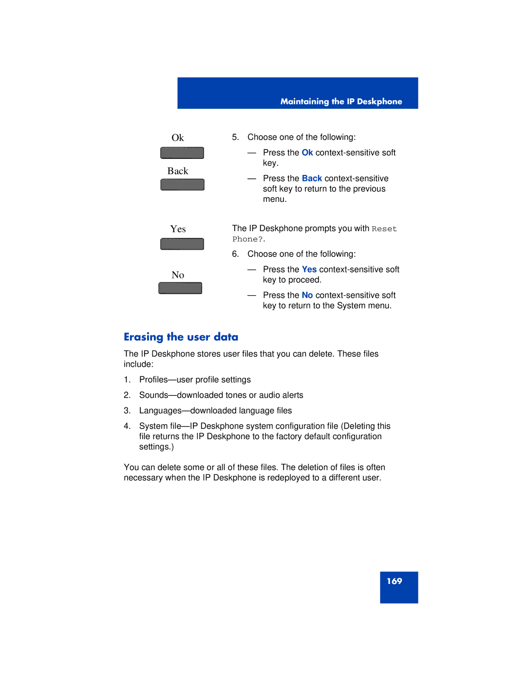 Avaya 1200 manual Back, Erasing the user data 