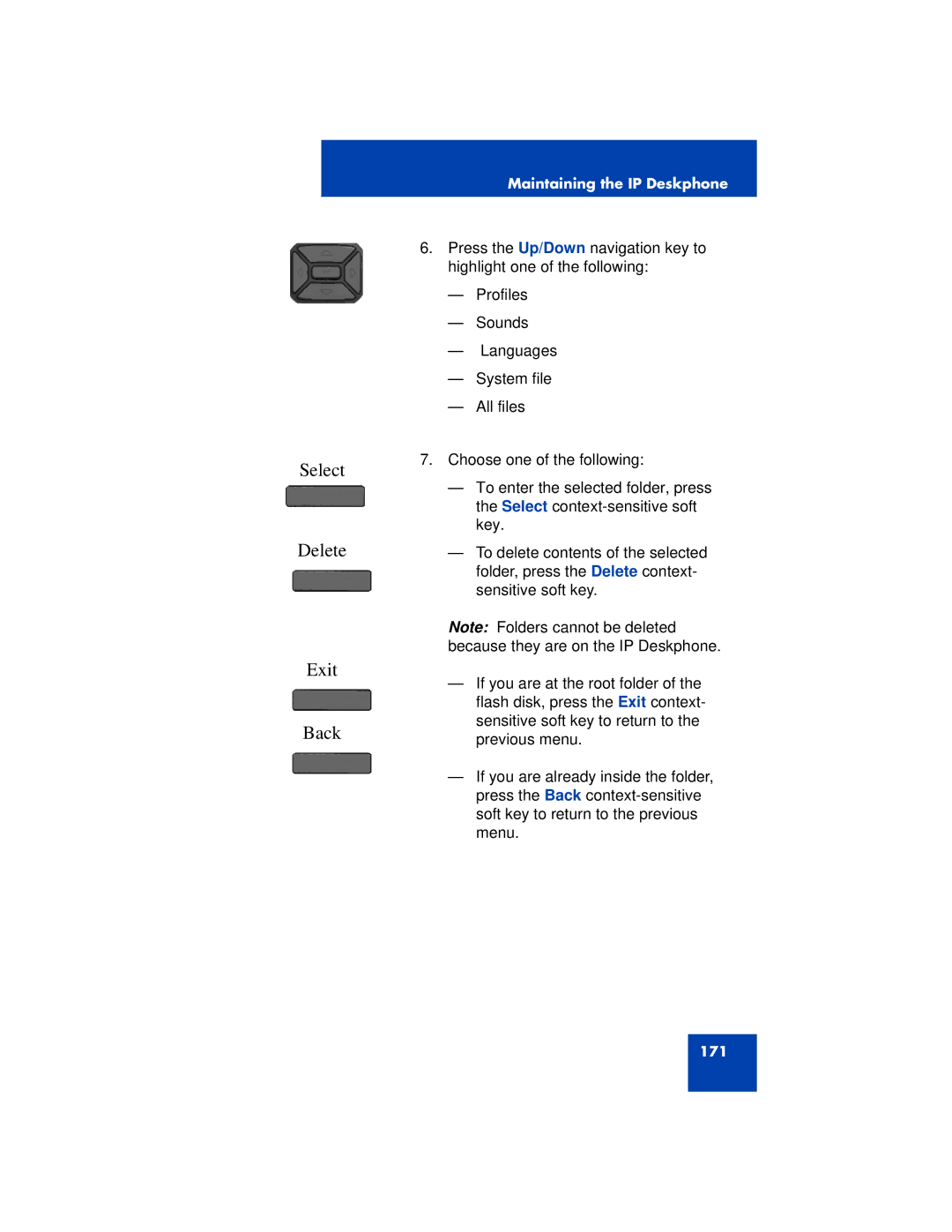 Avaya 1200 manual Select Delete Exit Back 