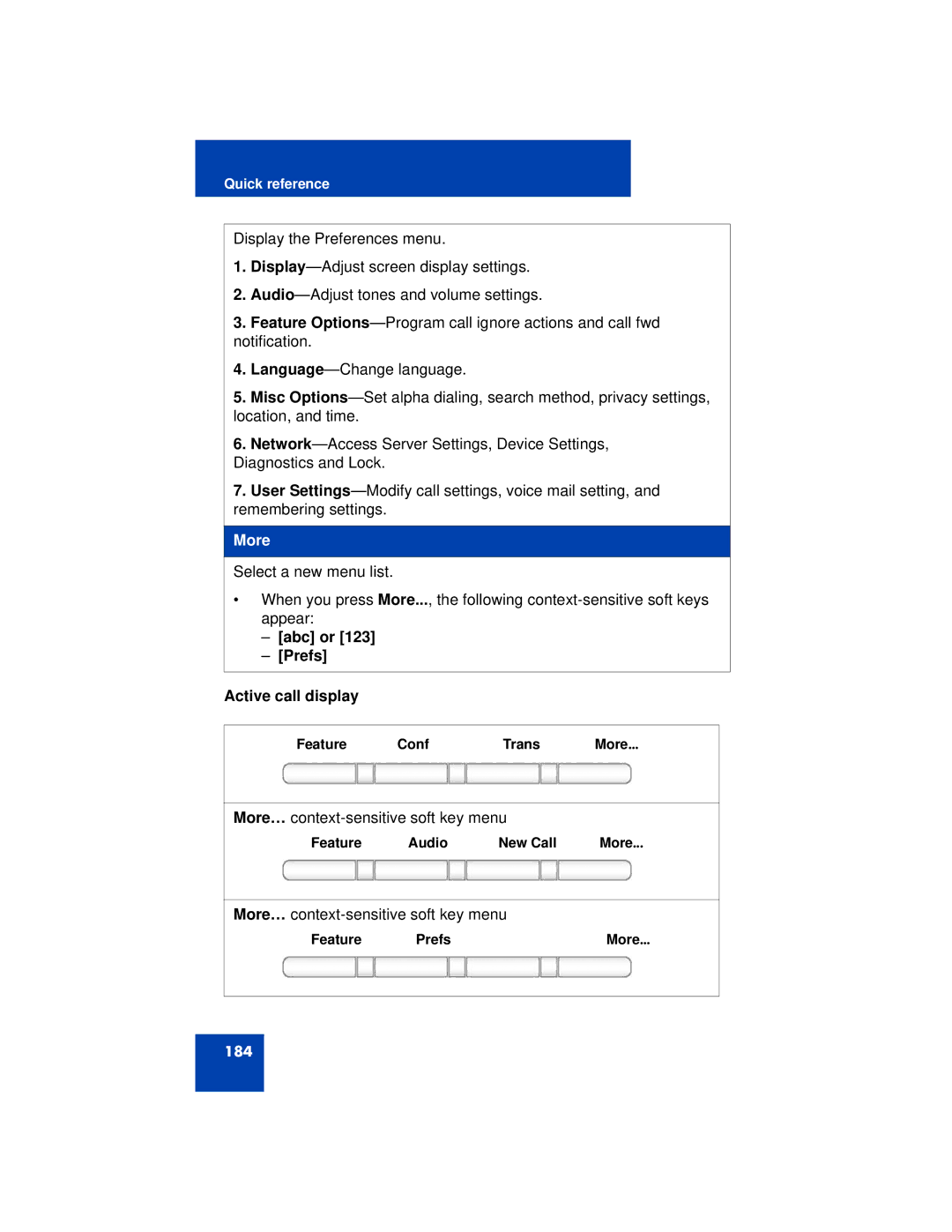 Avaya 1200 manual More, Abc or Prefs Active call display 