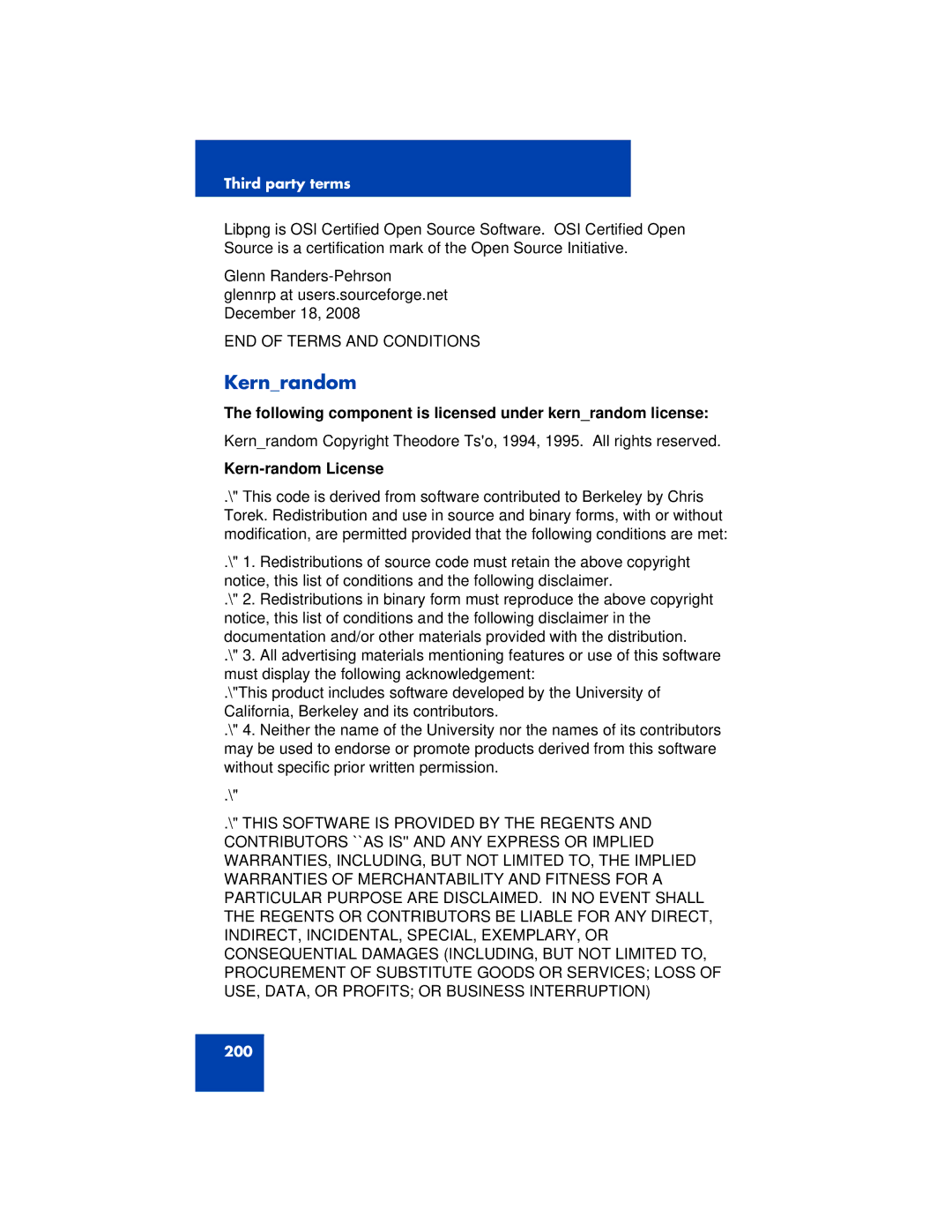 Avaya 1200 manual Kernrandom, Following component is licensed under kernrandom license, Kern-random License 