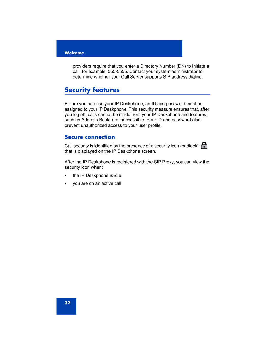 Avaya 1200 manual Security features, Secure connection 