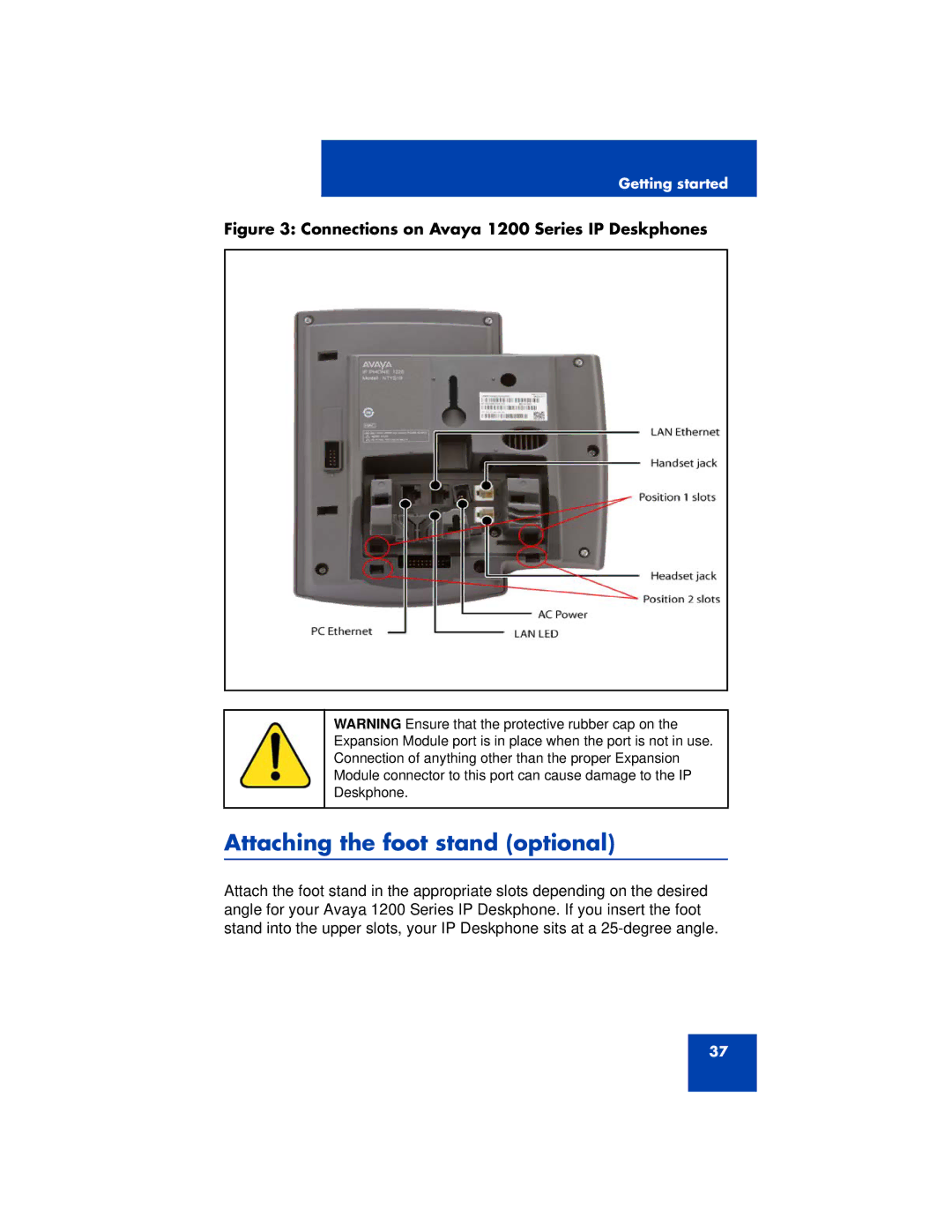 Avaya manual Attaching the foot stand optional, Connections on Avaya 1200 Series IP Deskphones 