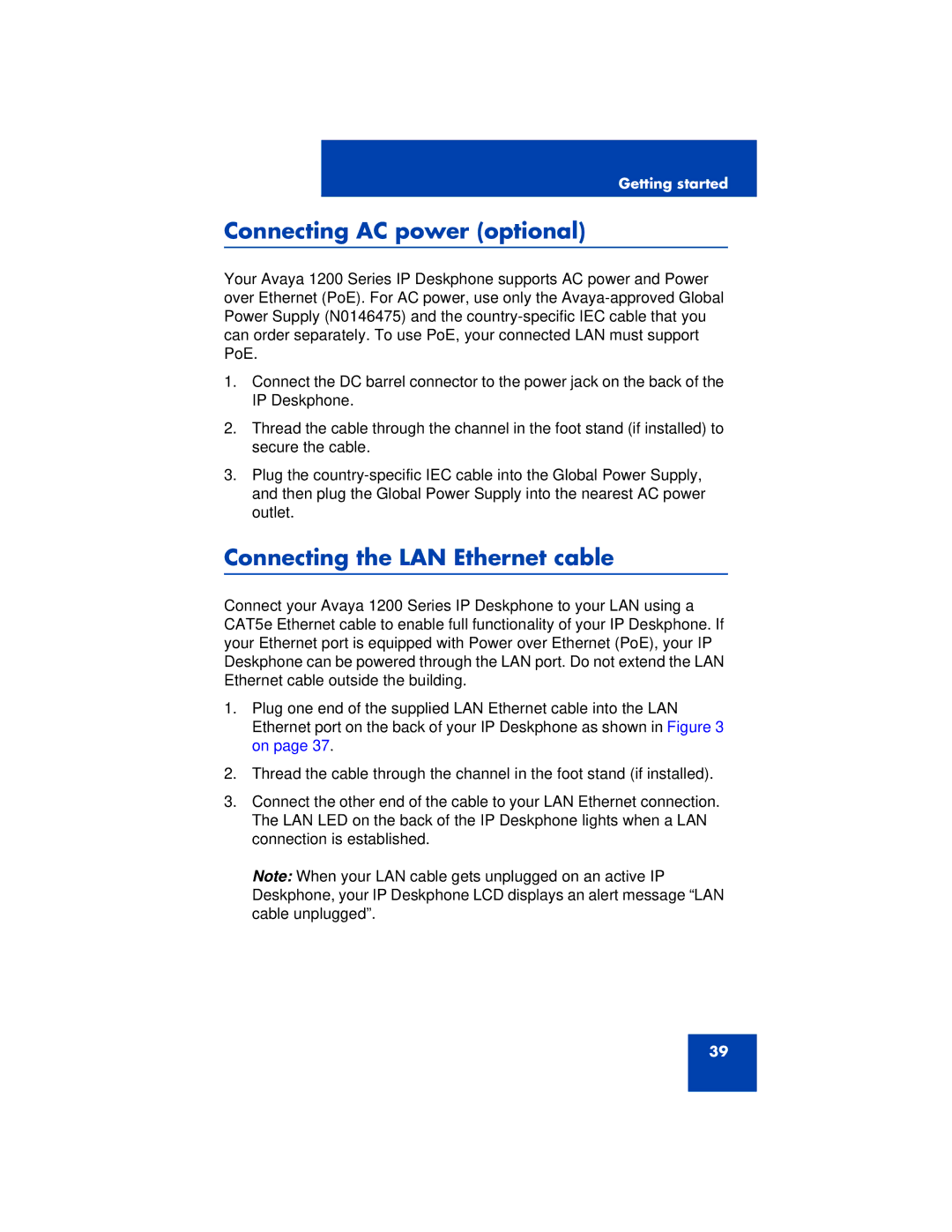 Avaya 1200 manual Connecting AC power optional, Connecting the LAN Ethernet cable 