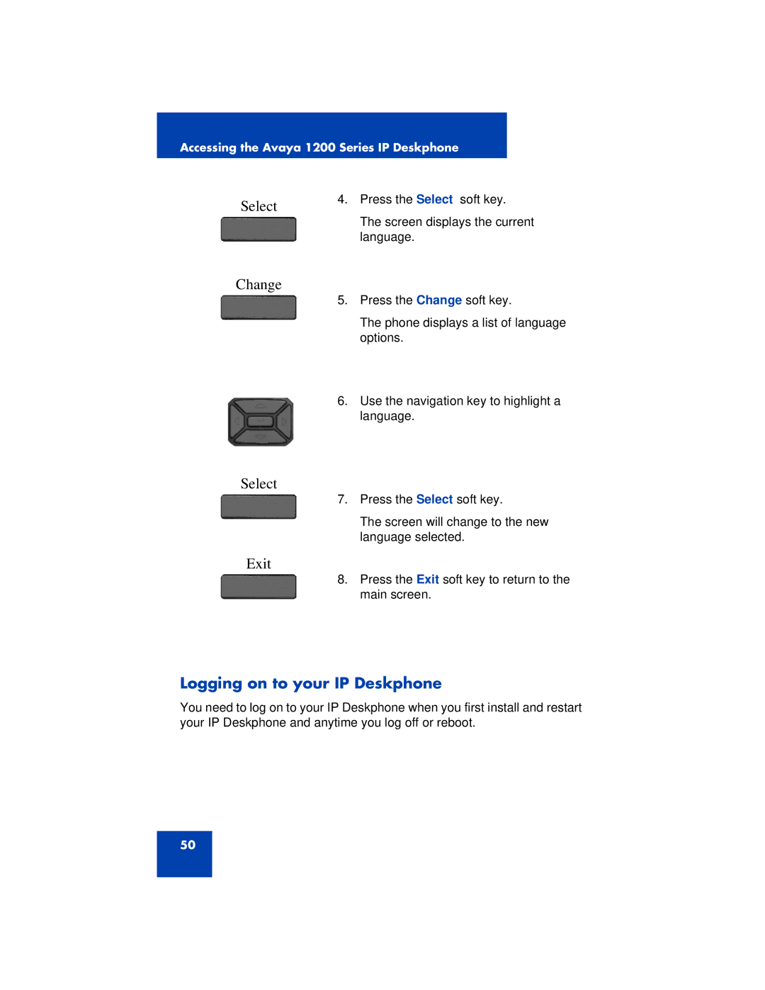 Avaya 1200 manual Select, Change, Exit, Logging on to your IP Deskphone 