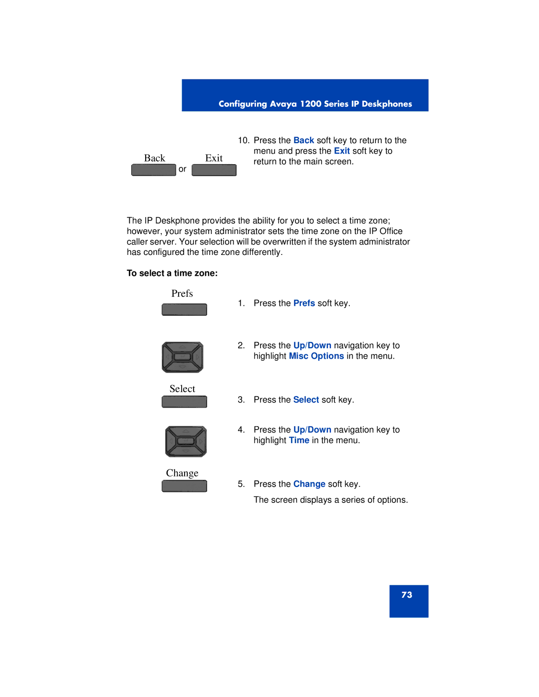 Avaya 1200 manual Back Exit, To select a time zone 