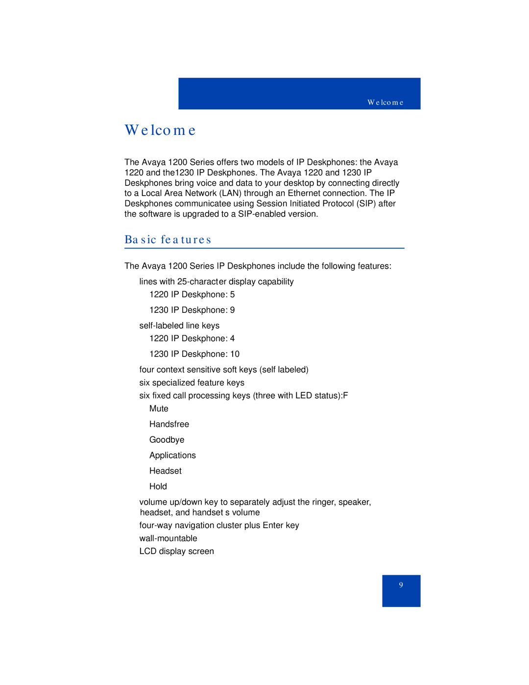 Avaya 1200 manual Welcome, Basic features 